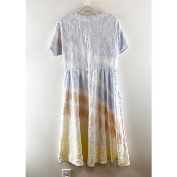 Madewell Tie-Dye Lightspun Button-Front Gauze Cotton Midi Dress Blue Yellow M - Picture 3 of 5